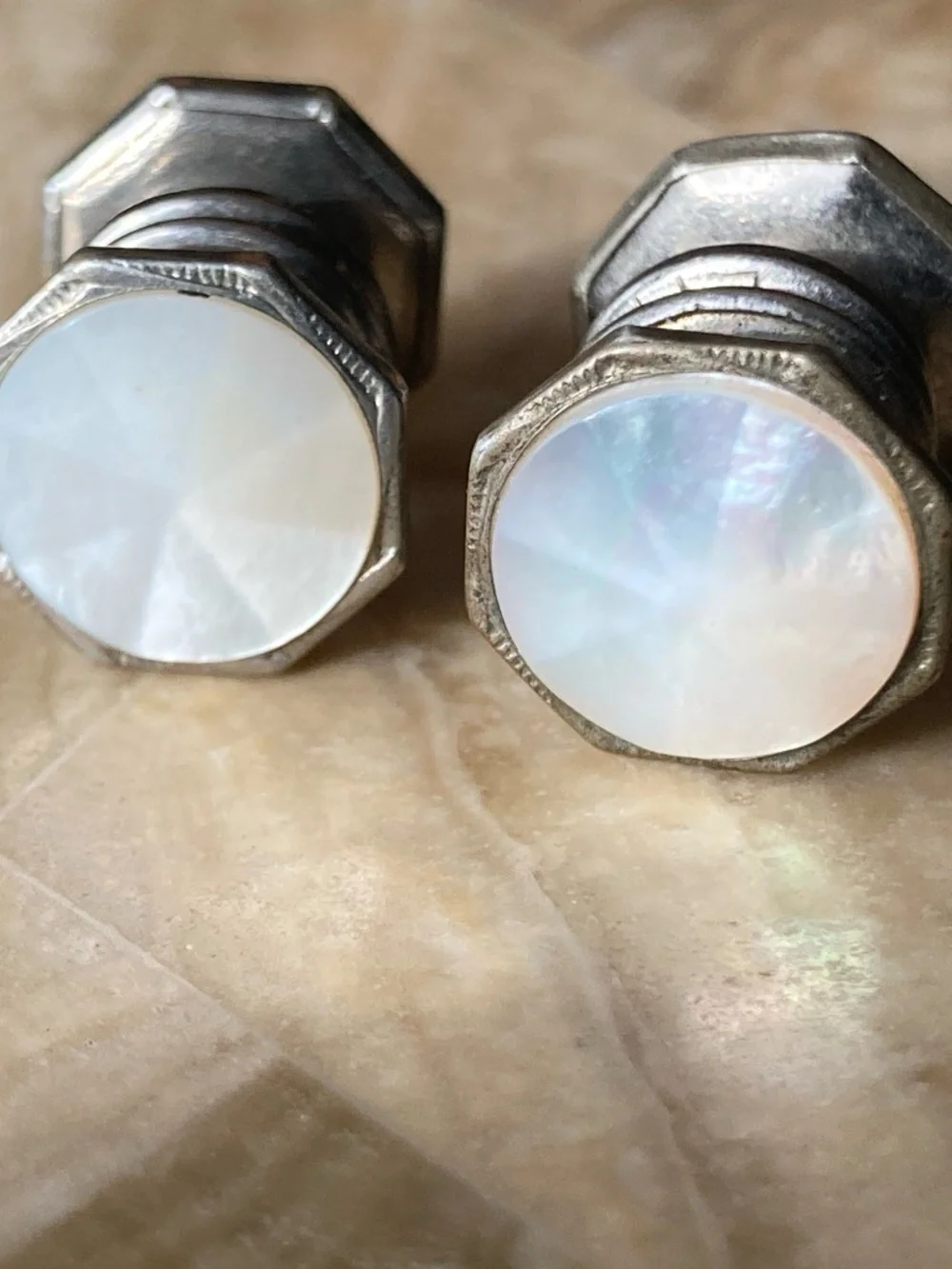 “Antique 1920s Snap Link Mother of Pearl Tuxedo Studs / Cufflink Components